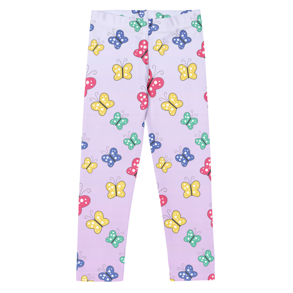 Pastel lavender girls leggings with colorful butterfly pattern and white polka dots buttery soft fabric