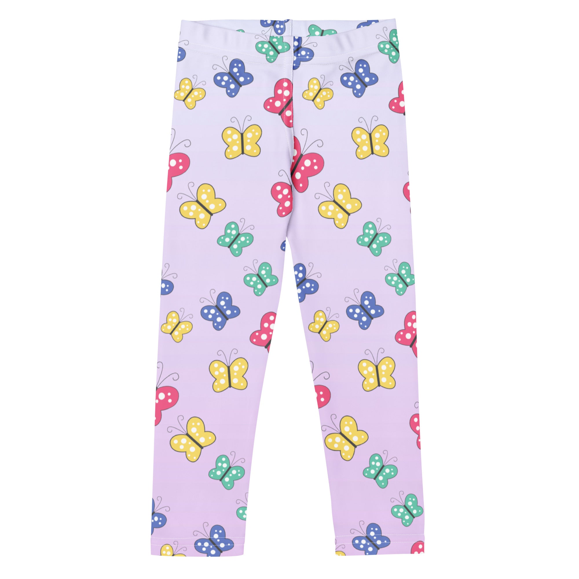 Pastel lavender girls leggings with colorful butterfly pattern and white polka dots buttery soft fabric