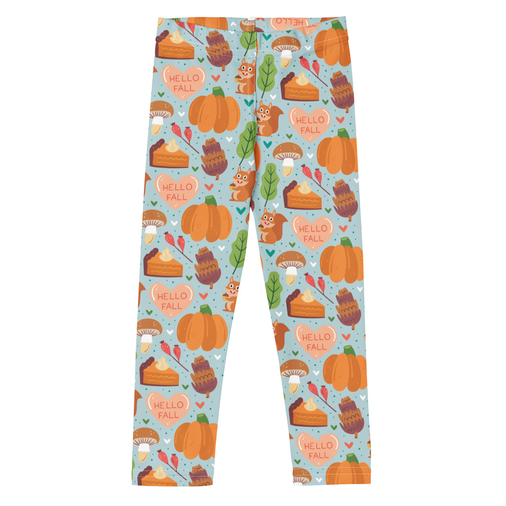 Girls hello fall autumn buttery soft light blue leggings with pumpkins squirrels pie slices and hello fall text pattern