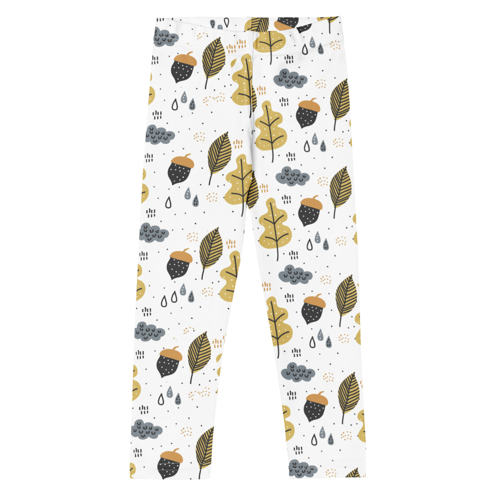 Kids fall season themed buttery soft white leggings with playful gold black and gray autumn leaves acorns clouds and raindrops pattern