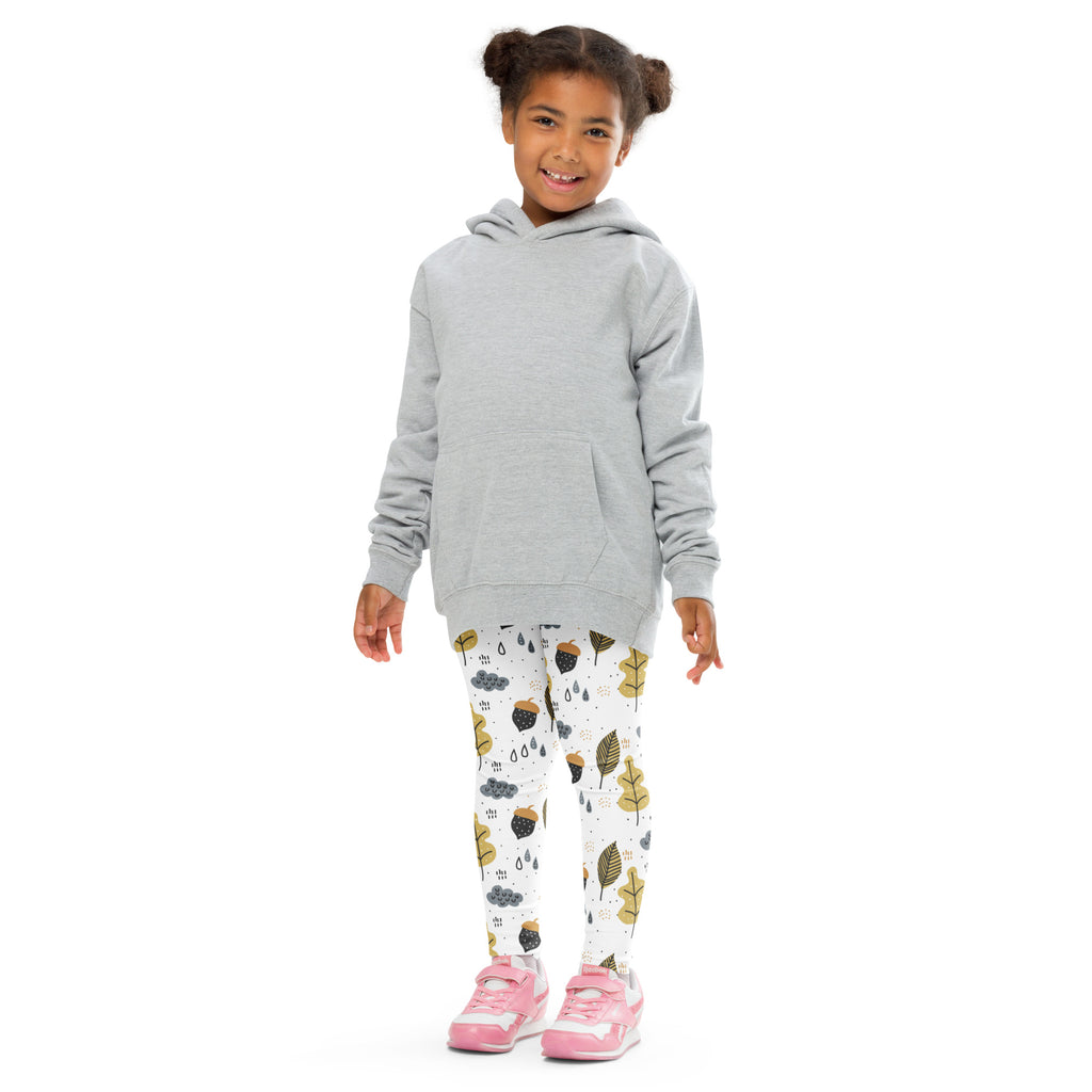 Gray hooded sweatshirt with front pocket and long sleeves paired with kids fall season themed buttery soft leggings