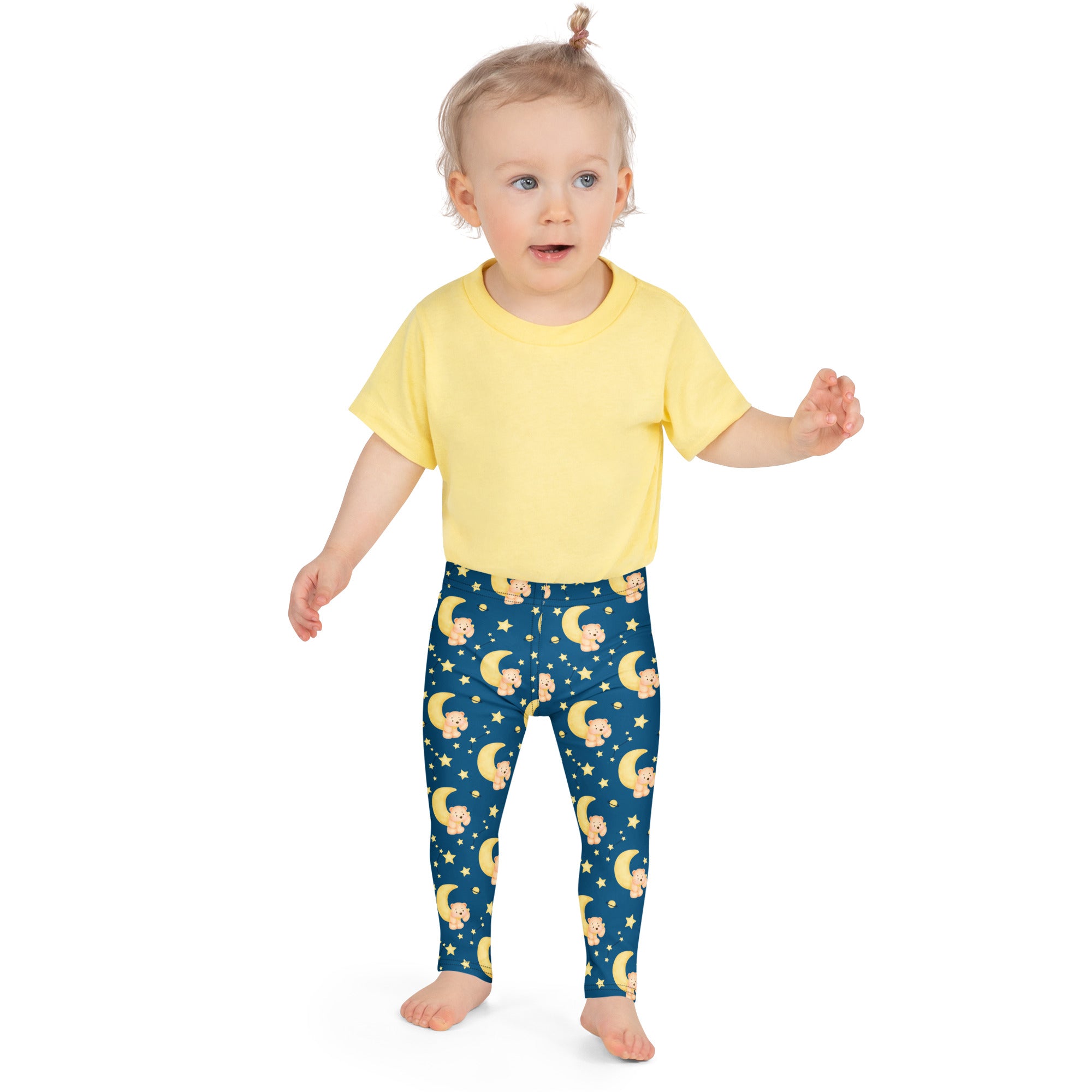 Blue kids night sky teddy bear buttery soft leggings with yellow crescent moons and smiling cartoon faces pattern