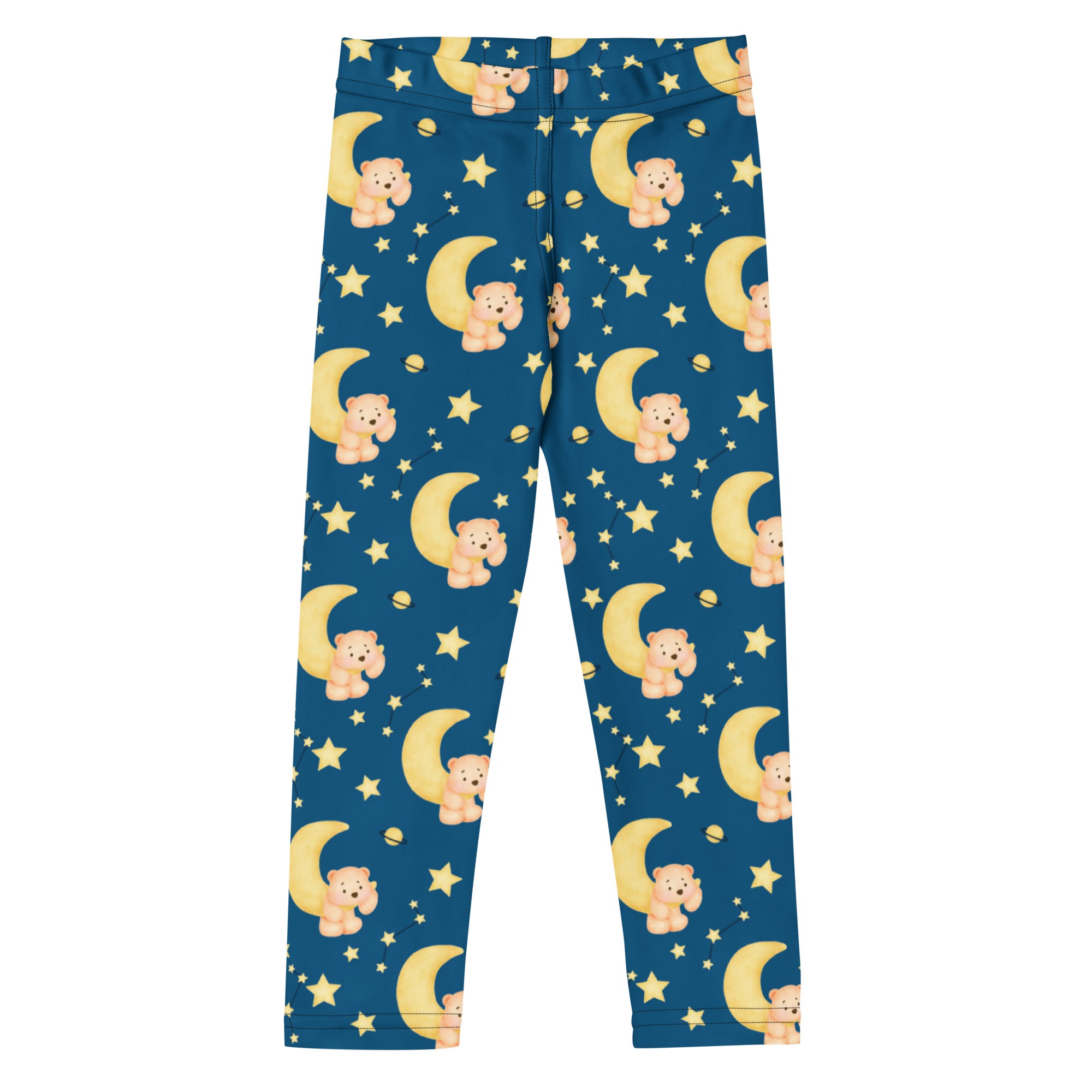 Blue kids legging with yellow crescent moons stars and beige teddy bears in a buttery soft night sky pattern