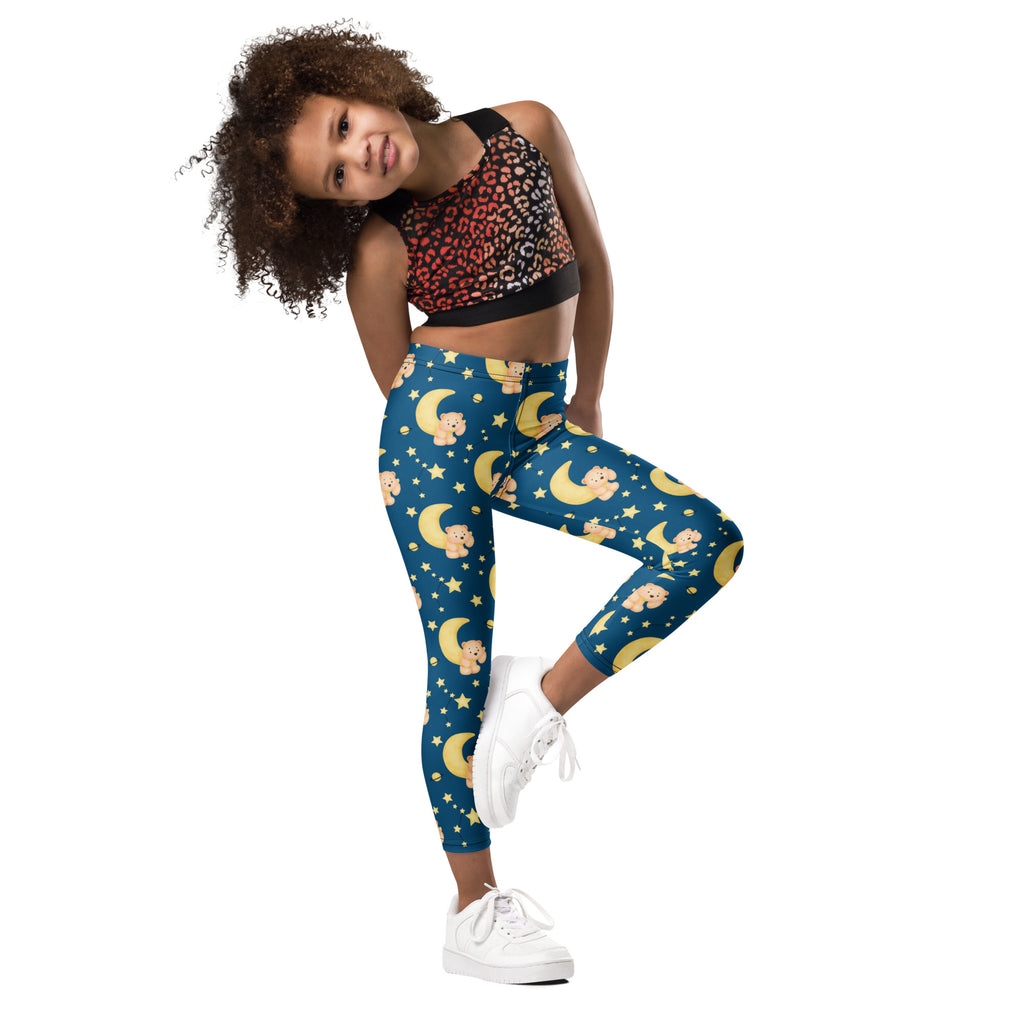 Kids night sky teddy bear buttery soft leggings in blue with yellow crescent moons stars and cartoon bears pattern