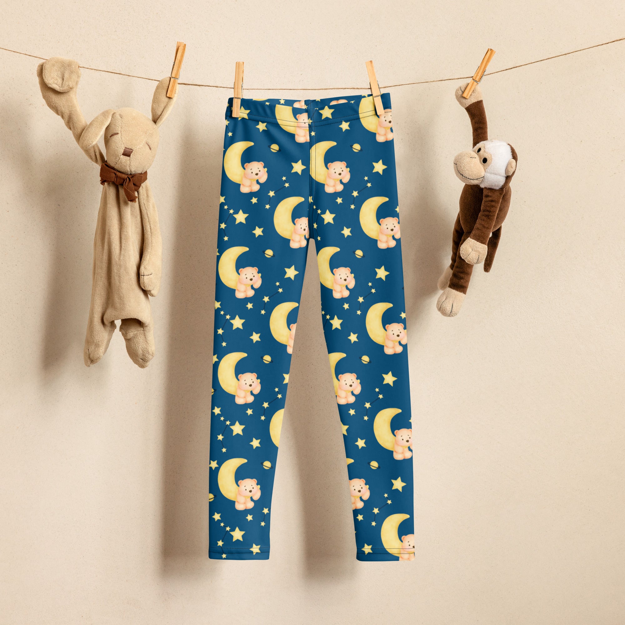 Blue kids night sky teddy bear buttery soft leggings with yellow moons beige bears and gold stars pattern
