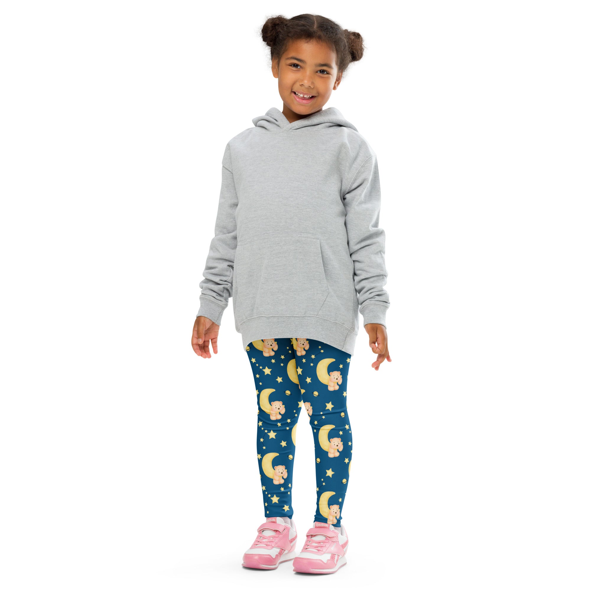 Gray hooded sweatshirt with front pocket and long sleeves paired with kids night sky teddy bear buttery soft leggings