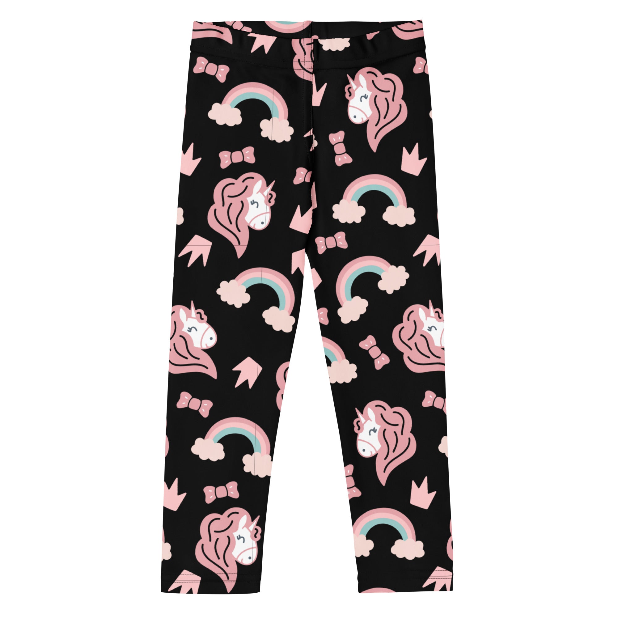 Girls unicorn rainbow buttery soft black leggings with playful pink unicorns rainbows bows and crowns pattern