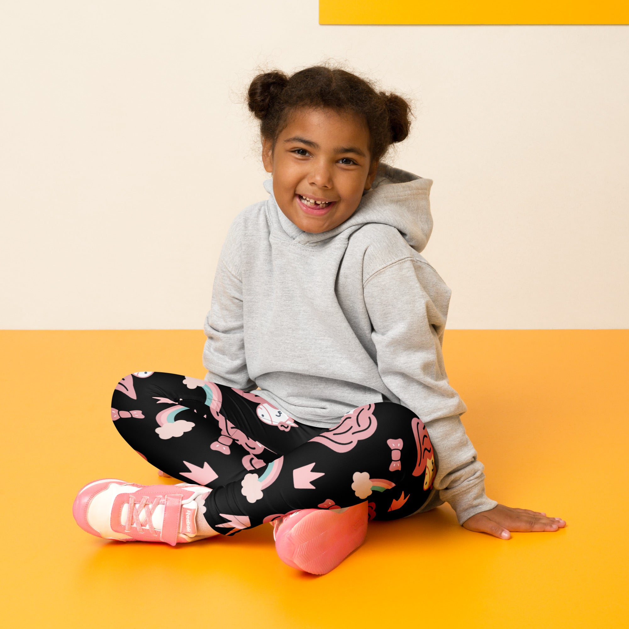 Girls unicorn rainbow buttery soft black leggings with playful pink unicorns rainbows and clouds pattern