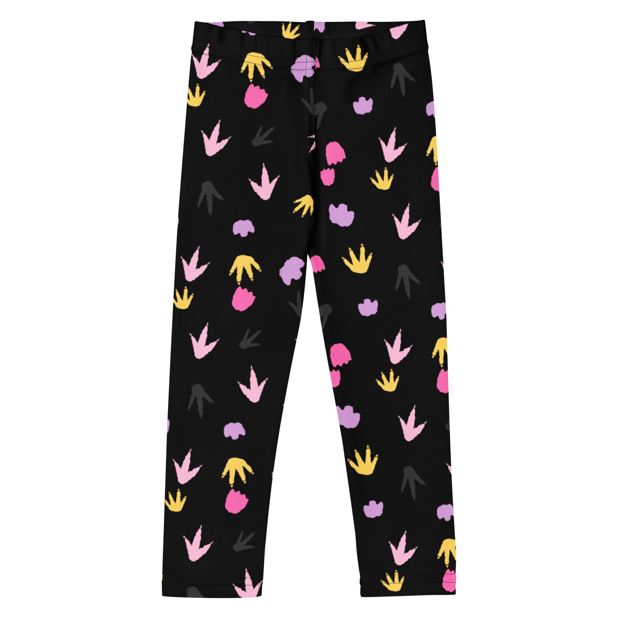Girls dinosaur footprint buttery soft black leggings with playful pink yellow and purple dinosaur prints