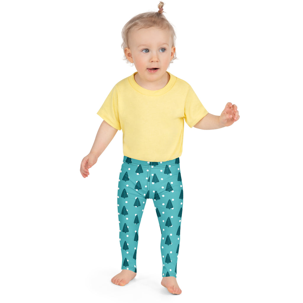 Kids christmas tree snow buttery soft teal leggings with dark green pine tree pattern and white polka dots
