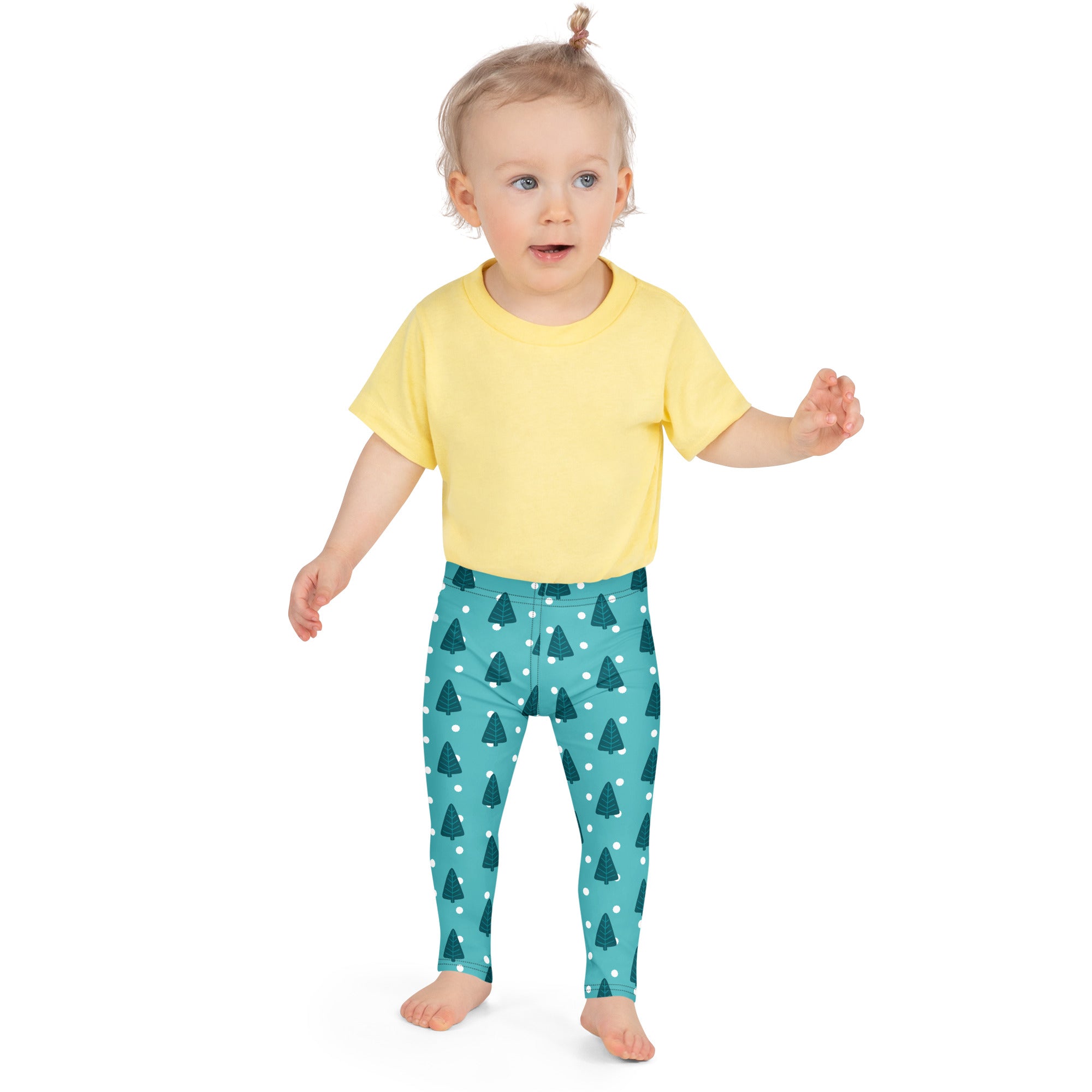 Kids christmas tree snow buttery soft teal leggings with dark green pine tree pattern and white polka dots