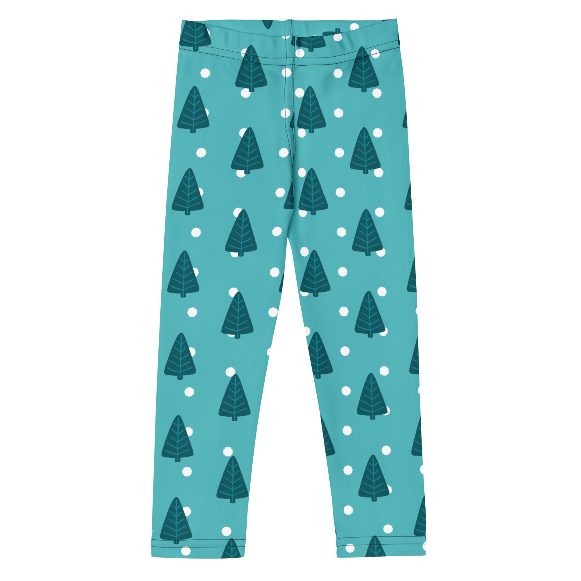 Teal kids christmas tree snow buttery soft leggings with dark green stylized trees and white polka dots pattern