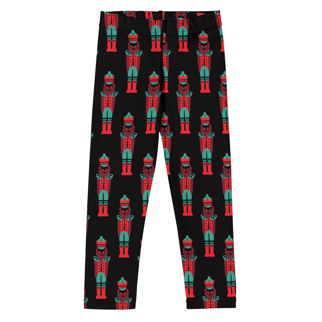 Girls Nutcracker Christmas buttery soft black leggings with a repeating pattern of red and teal nutcracker soldiers