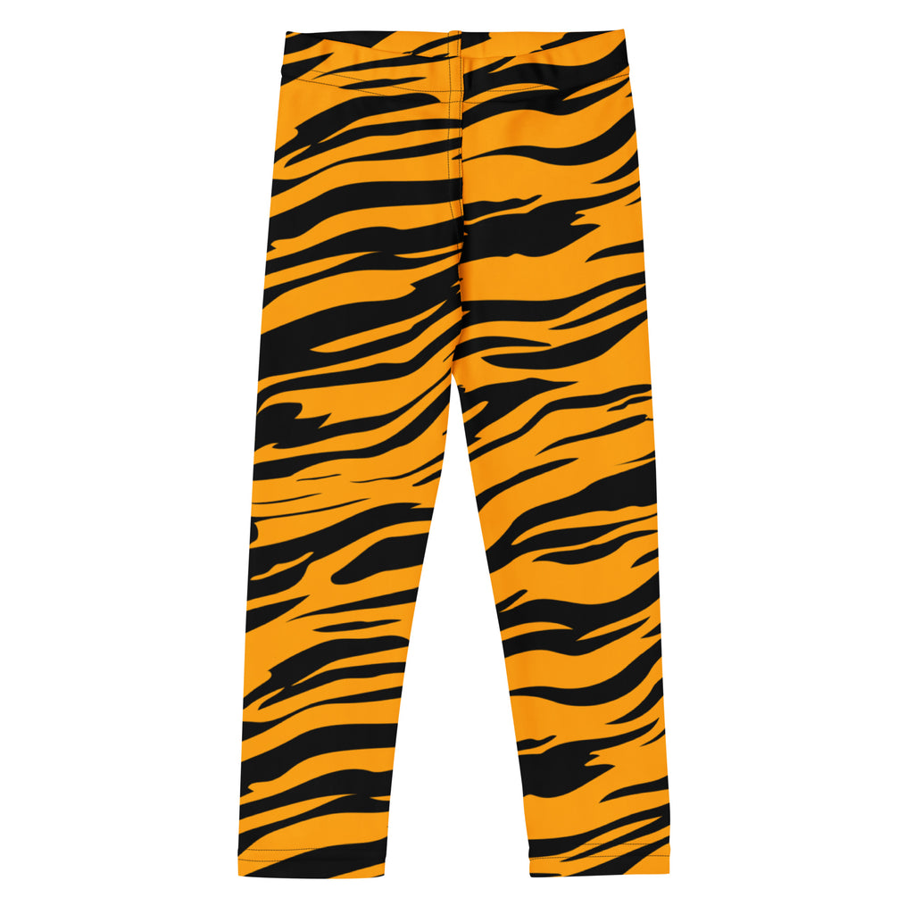 Kids tiger stripe buttery soft leggings in bright orange with bold black stripes featuring a soft comfortable fabric