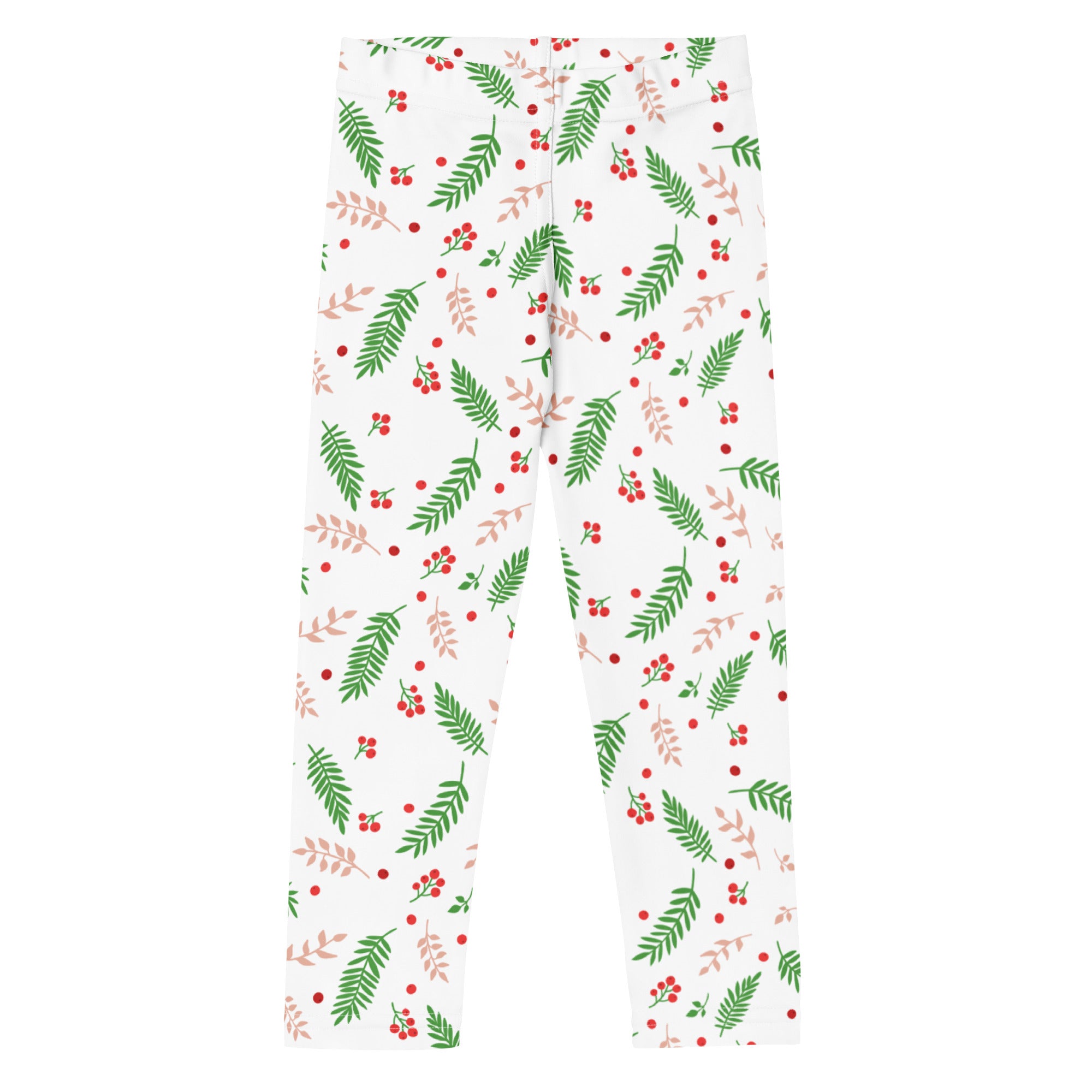Kids holly and pine christmas buttery soft white leggings with green pine needles red berries and pink leaves festive pattern