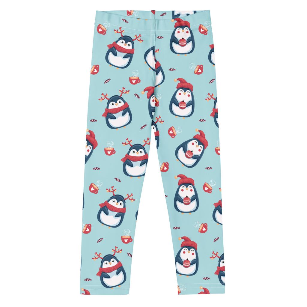 Light blue buttery soft girls leggings with playful penguin pattern and festive mugs for christmas wear
