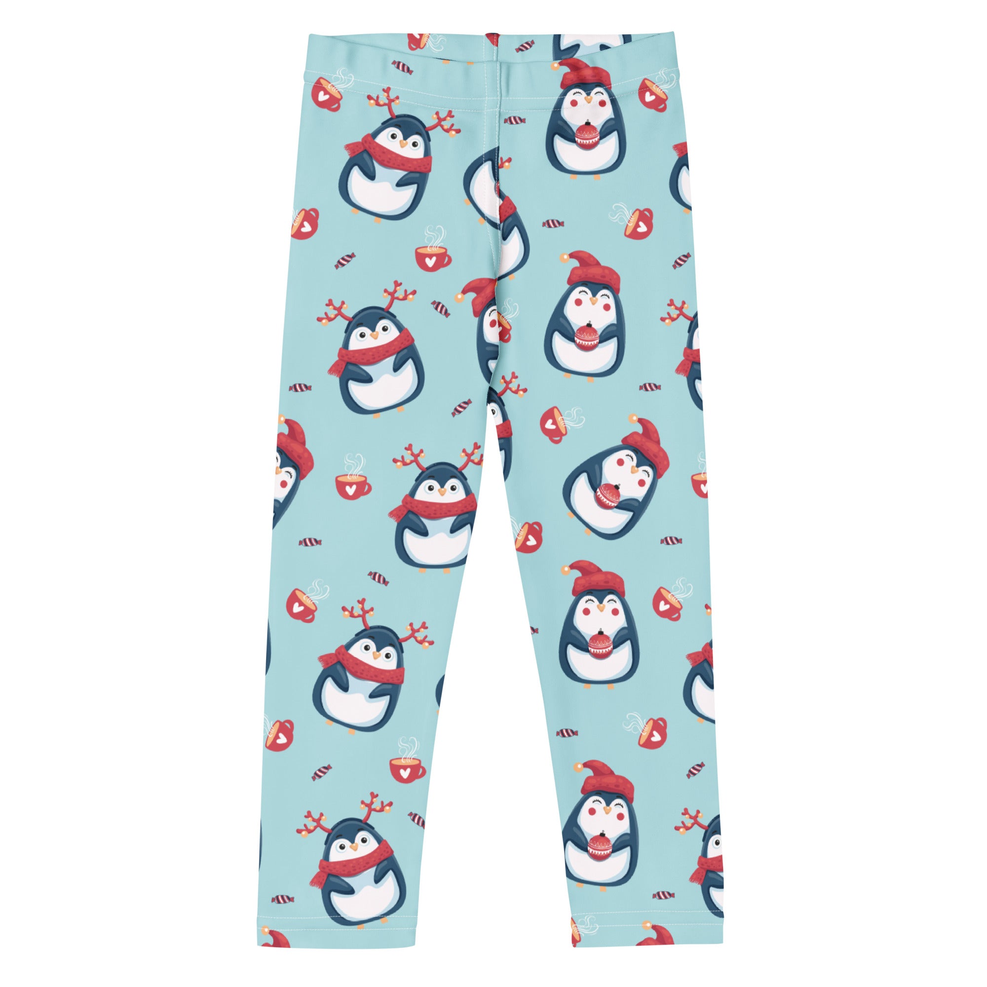 Light blue buttery soft girls leggings with playful penguin pattern and festive mugs for christmas wear