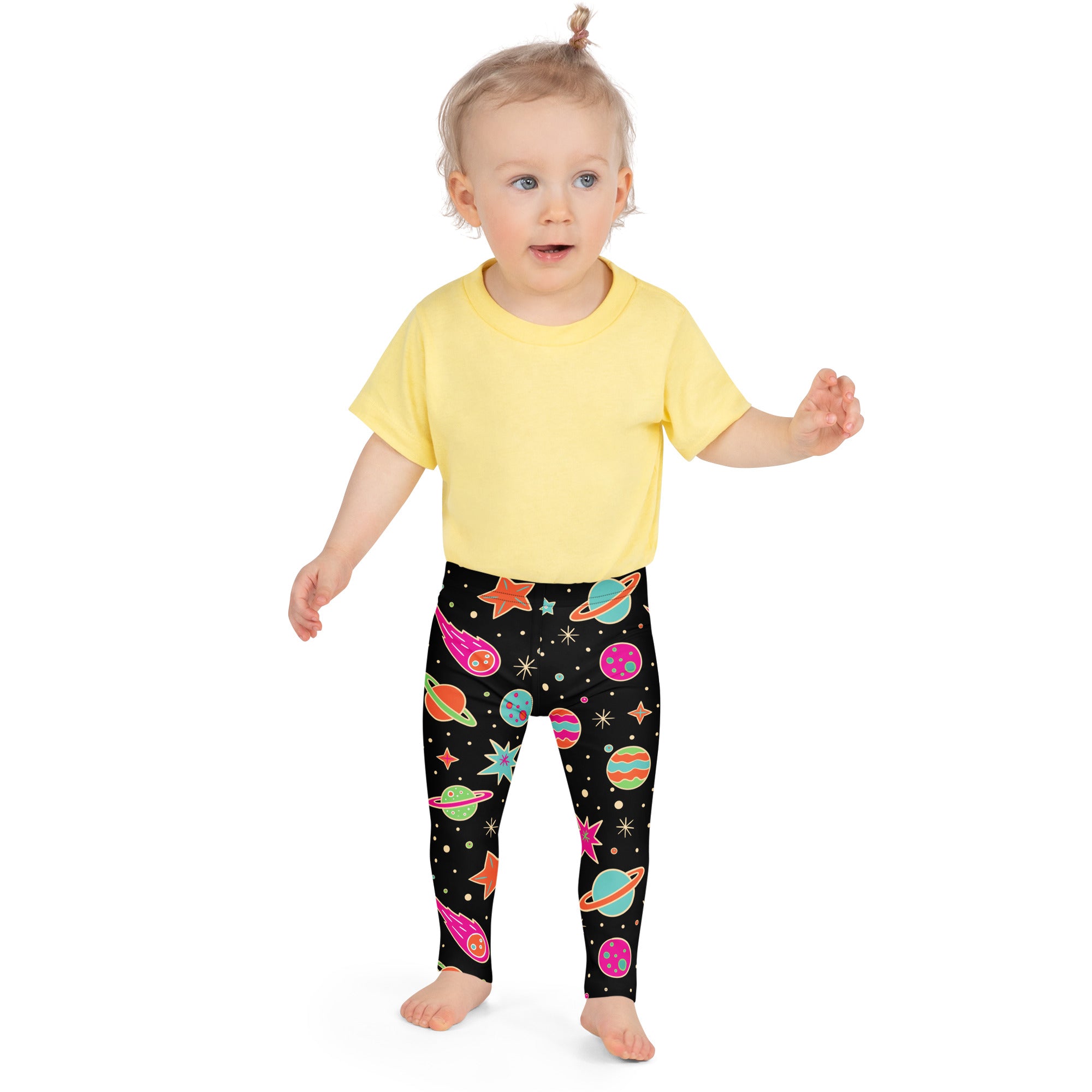 Girls retro outer space buttery soft black leggings with vibrant colorful planets stars and comets pattern