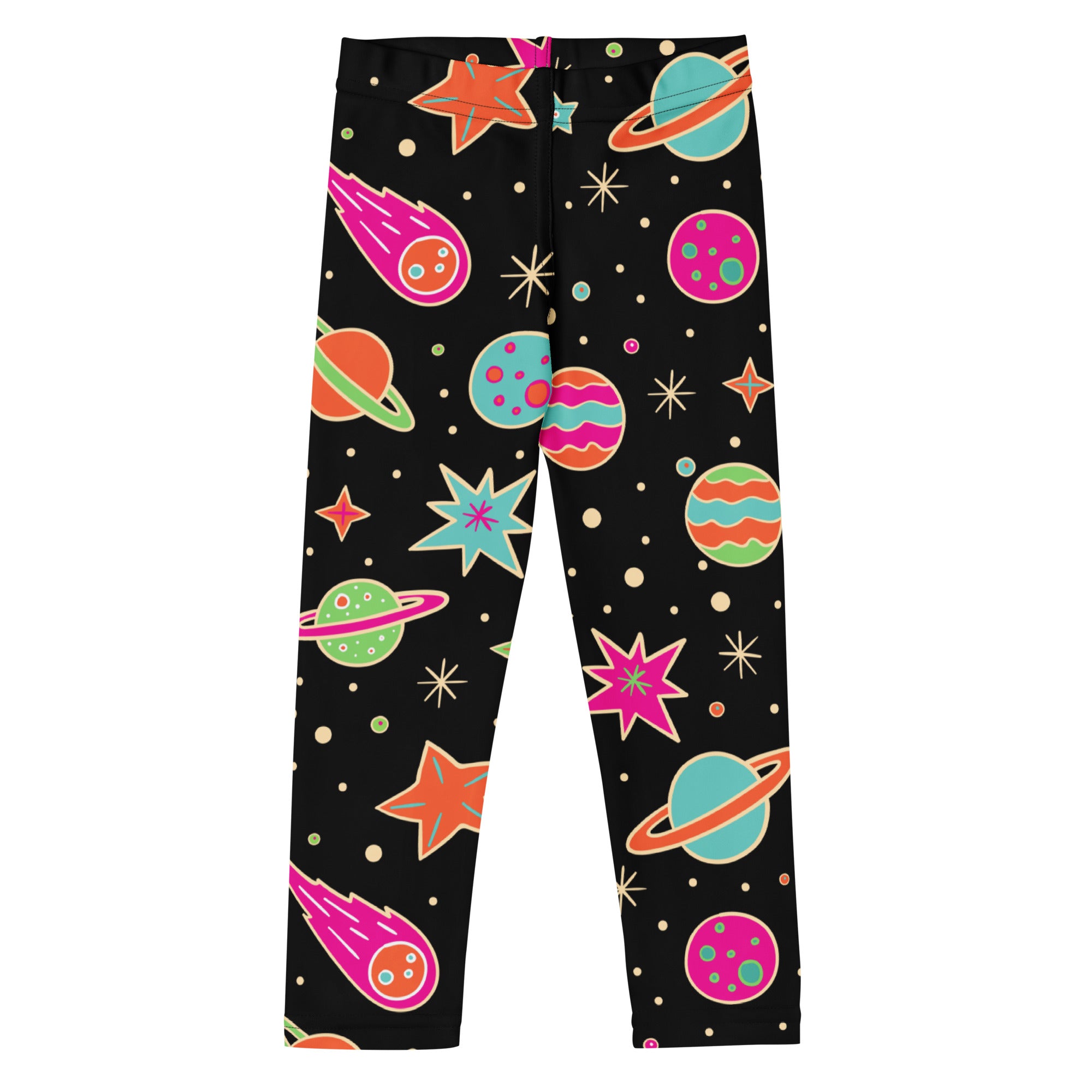 Girls retro outer space buttery soft black leggings with colorful planets stars and comets in pink teal orange and green