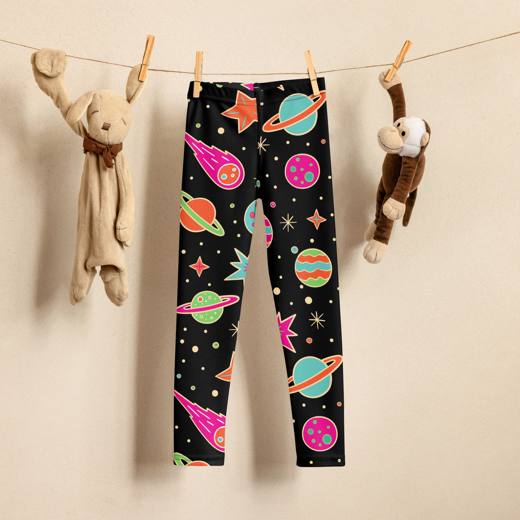 Girls retro outer space buttery soft black leggings with colorful planets stars and comets in vibrant hues
