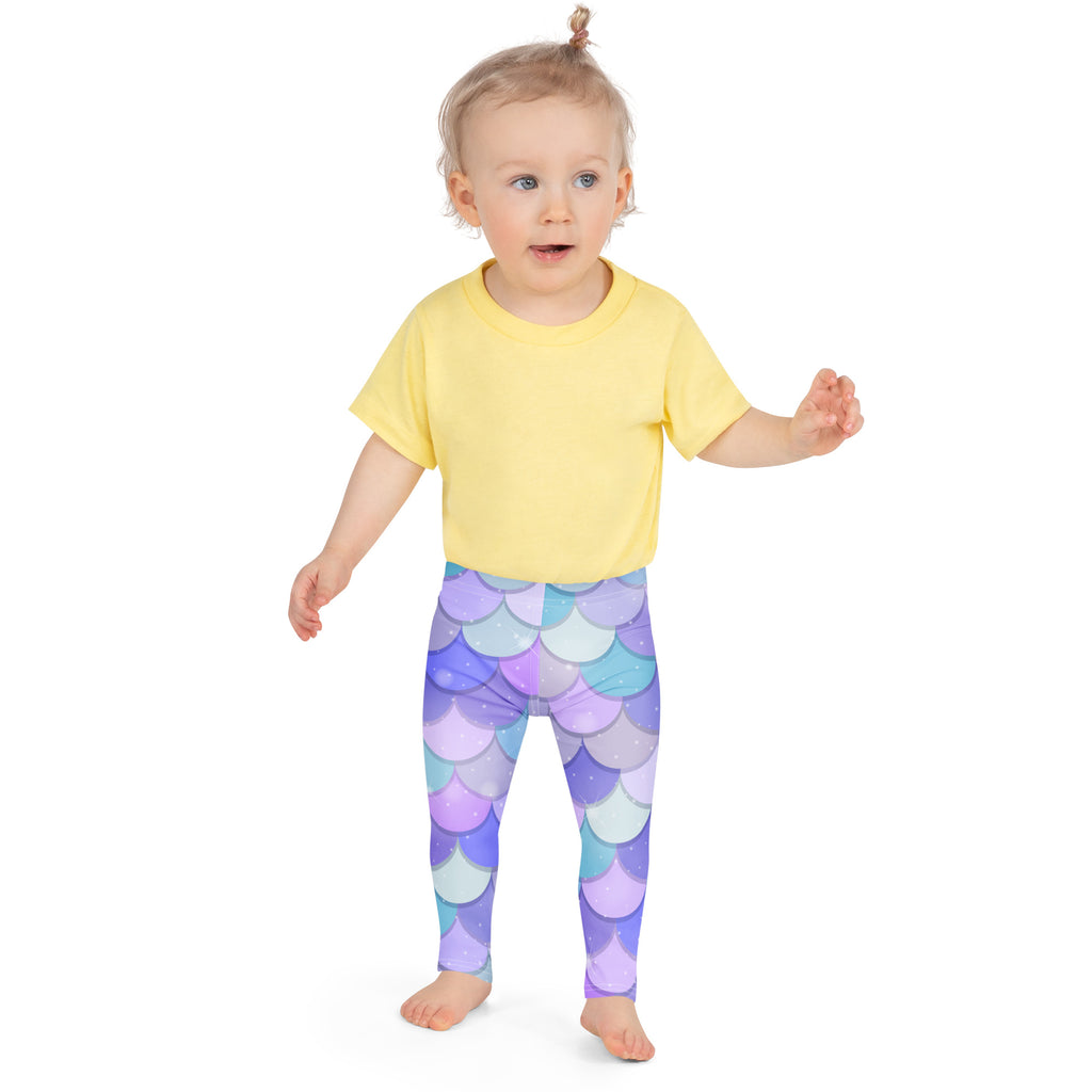 Girls purple mermaid buttery soft leggings with pastel purple blue lavender mermaid scale pattern in soft fabric