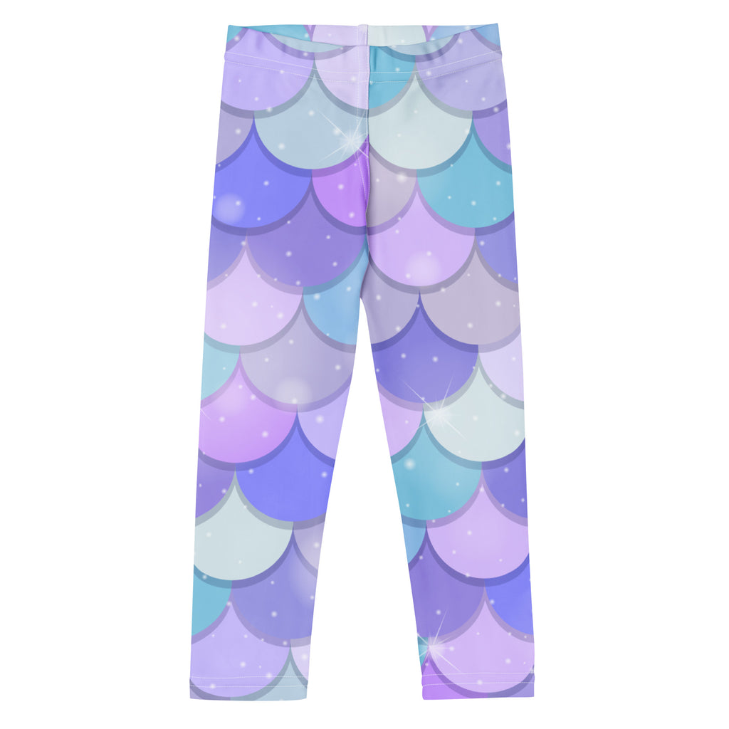 Girls purple mermaid buttery soft leggings with a gradient mermaid-scale pattern in purple lavender and teal with glitter accents