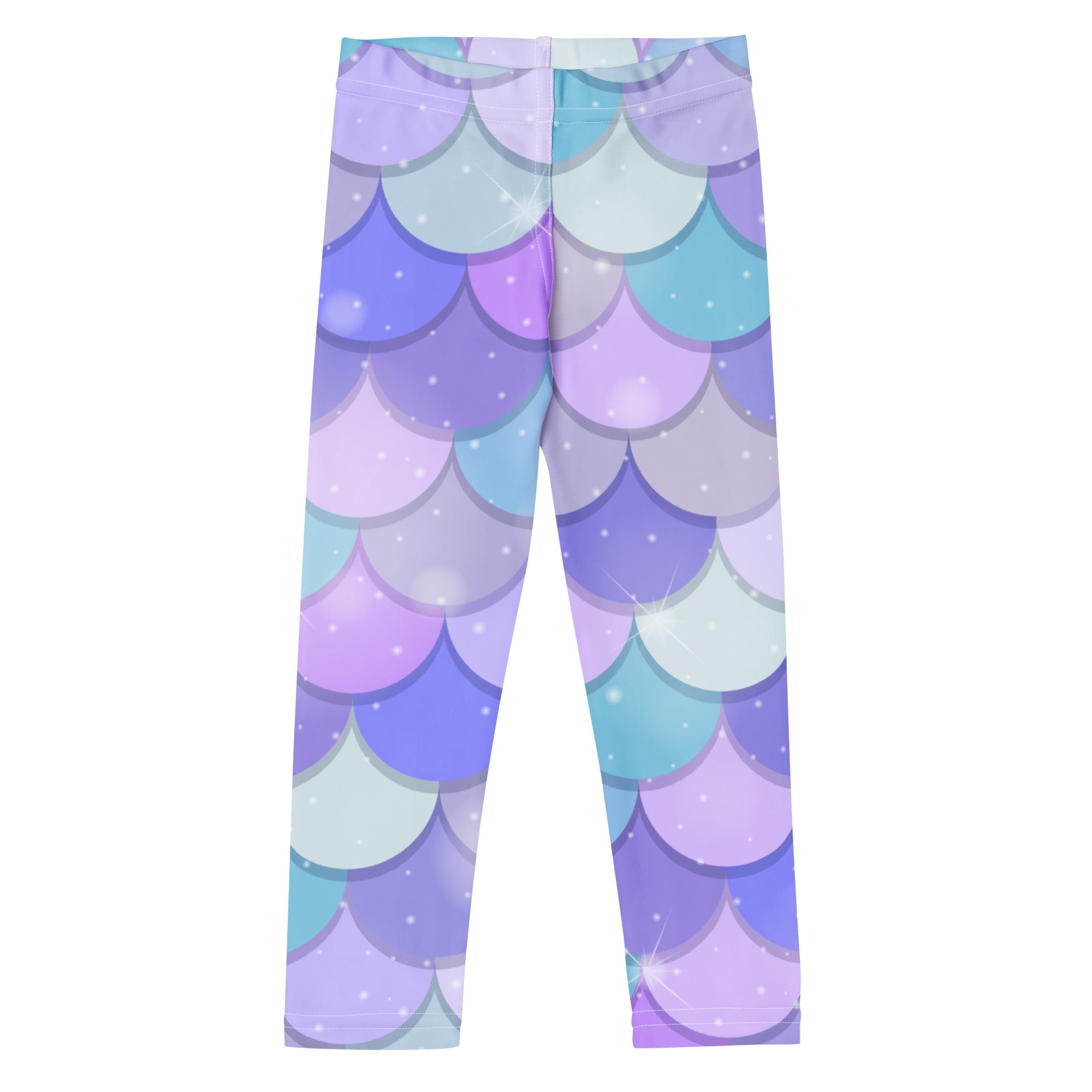 Girls purple mermaid buttery soft leggings with a gradient mermaid-scale pattern in purple lavender and teal with glitter accents