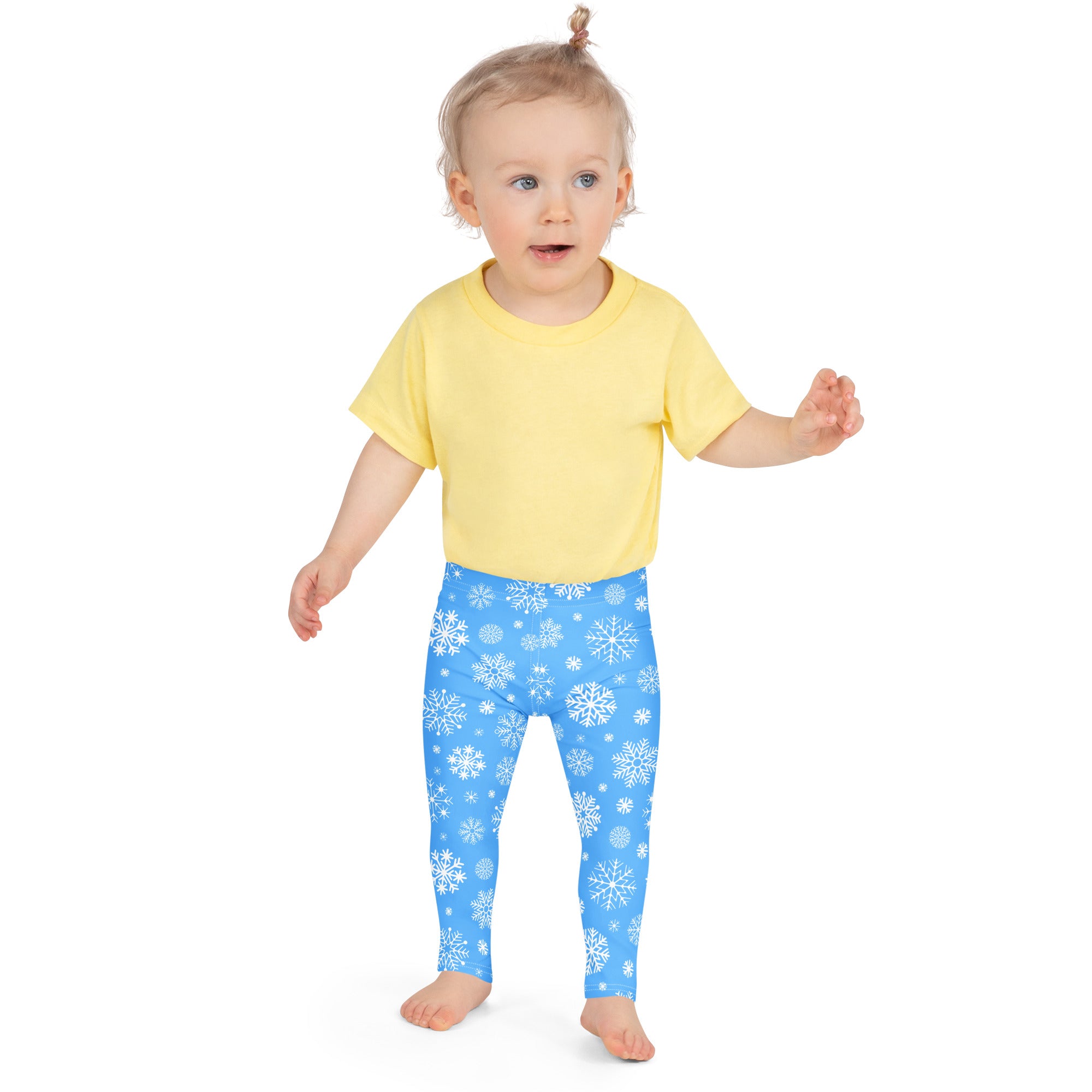 Kids blue snowflake buttery soft leggings featuring a soft material with a winter pattern for children