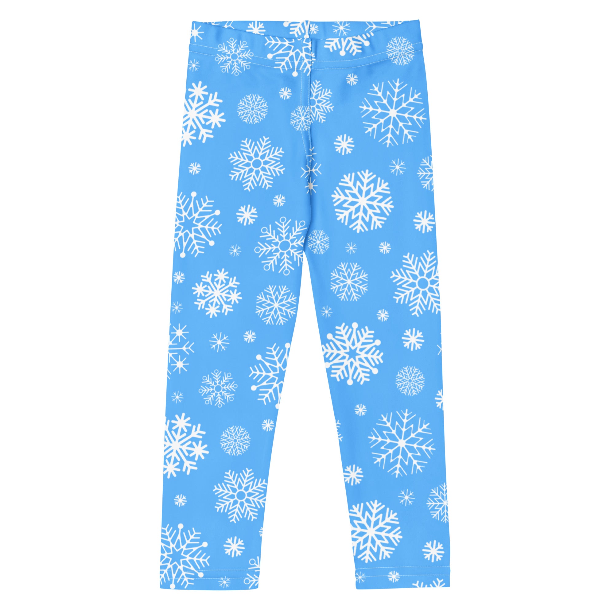 Light blue kids leggings with a white snowflake pattern made from buttery soft fabric for cozy winter wear