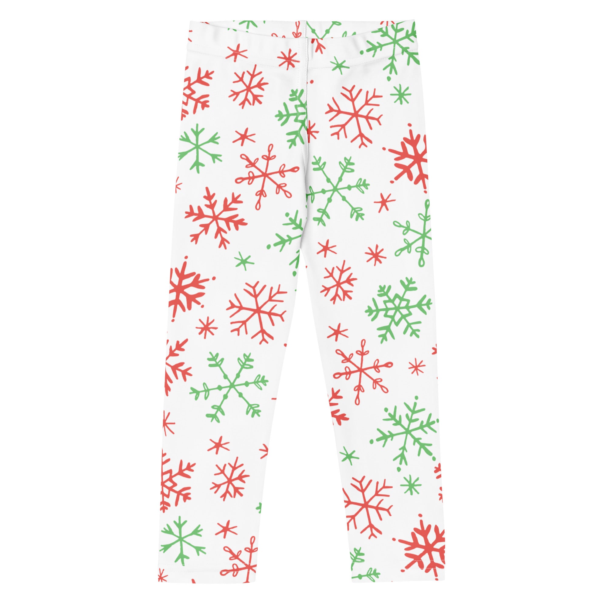 White kids leggings with red and green snowflake pattern buttery soft festive winter wear
