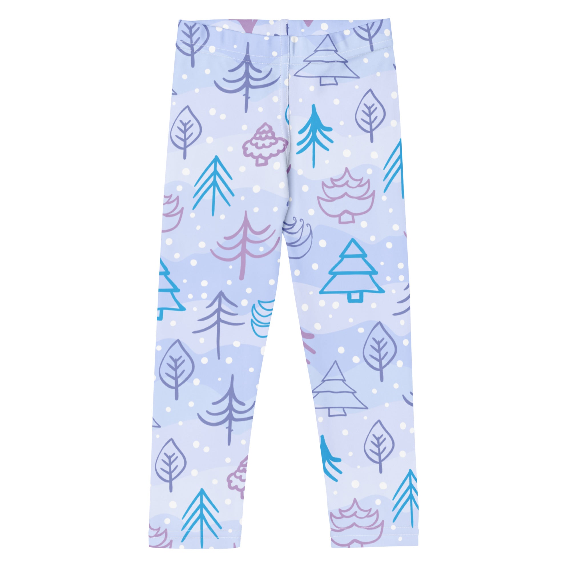Kids snowy forest winter buttery soft leggings in light blue with teal purple and gray tree and leaf patterns