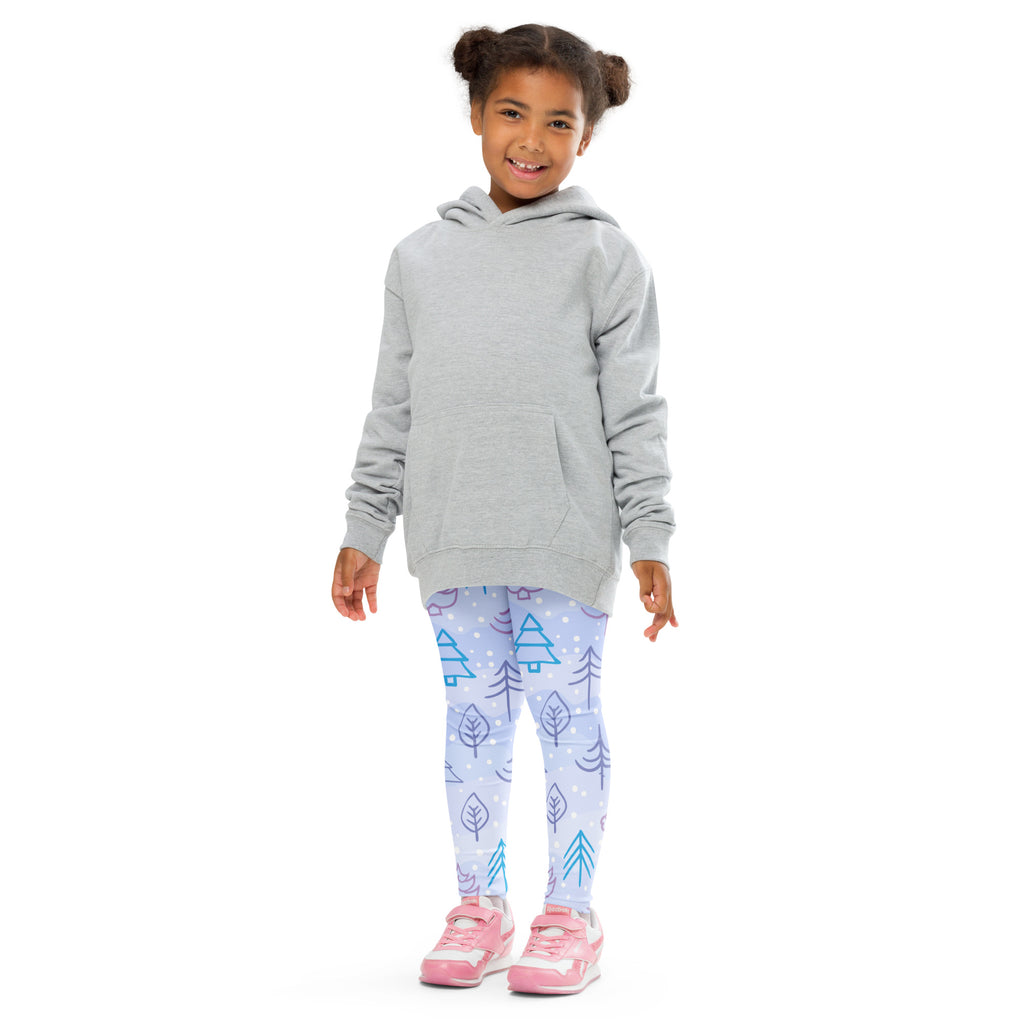 Gray hooded sweatshirt with front pocket and long sleeves paired with kids snowy forest winter buttery soft leggings