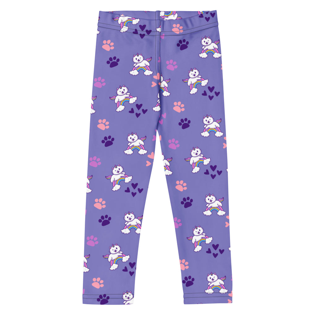 Girls purple caticorn buttery soft leggings with white winged cartoon cats rainbows and pink purple paw prints