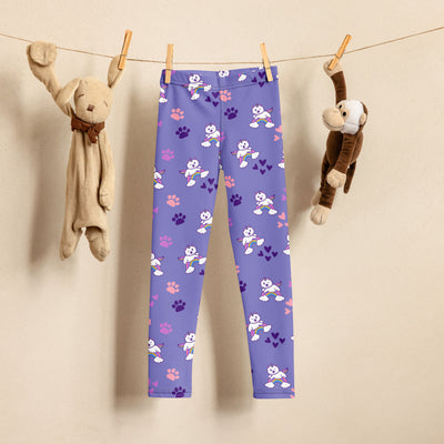 Girls purple caticorn buttery soft leggings with playful white unicorns rainbow arcs pink and purple paw prints and hearts