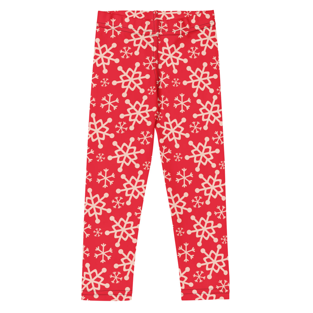 Kids red snowflake buttery soft leggings featuring cream-colored snowflake pattern for cozy winter wear