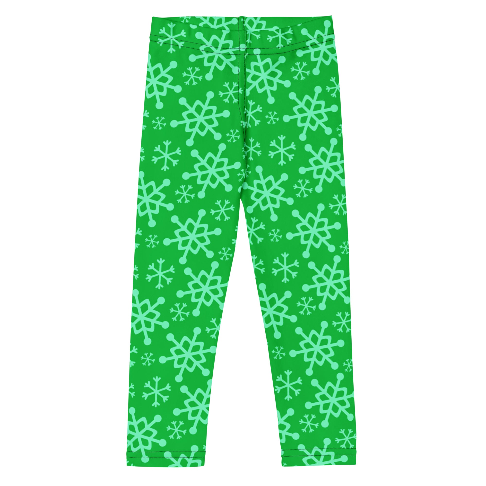 Kids green snowflake buttery soft leggings with bright green color and playful light mint snowflake pattern