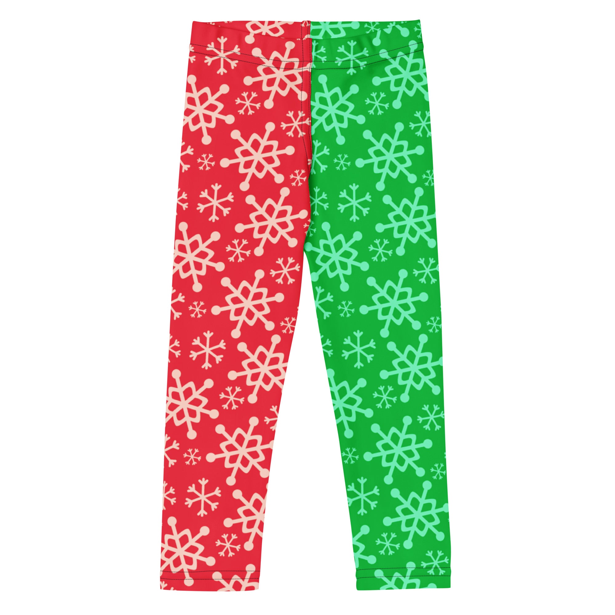 Kids red and green snowflake buttery soft leggings featuring a split design down the center