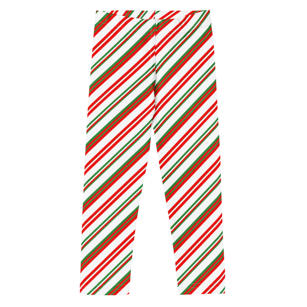 Kids peppermint candy cane striped buttery soft leggings with red green and white diagonal candy cane pattern