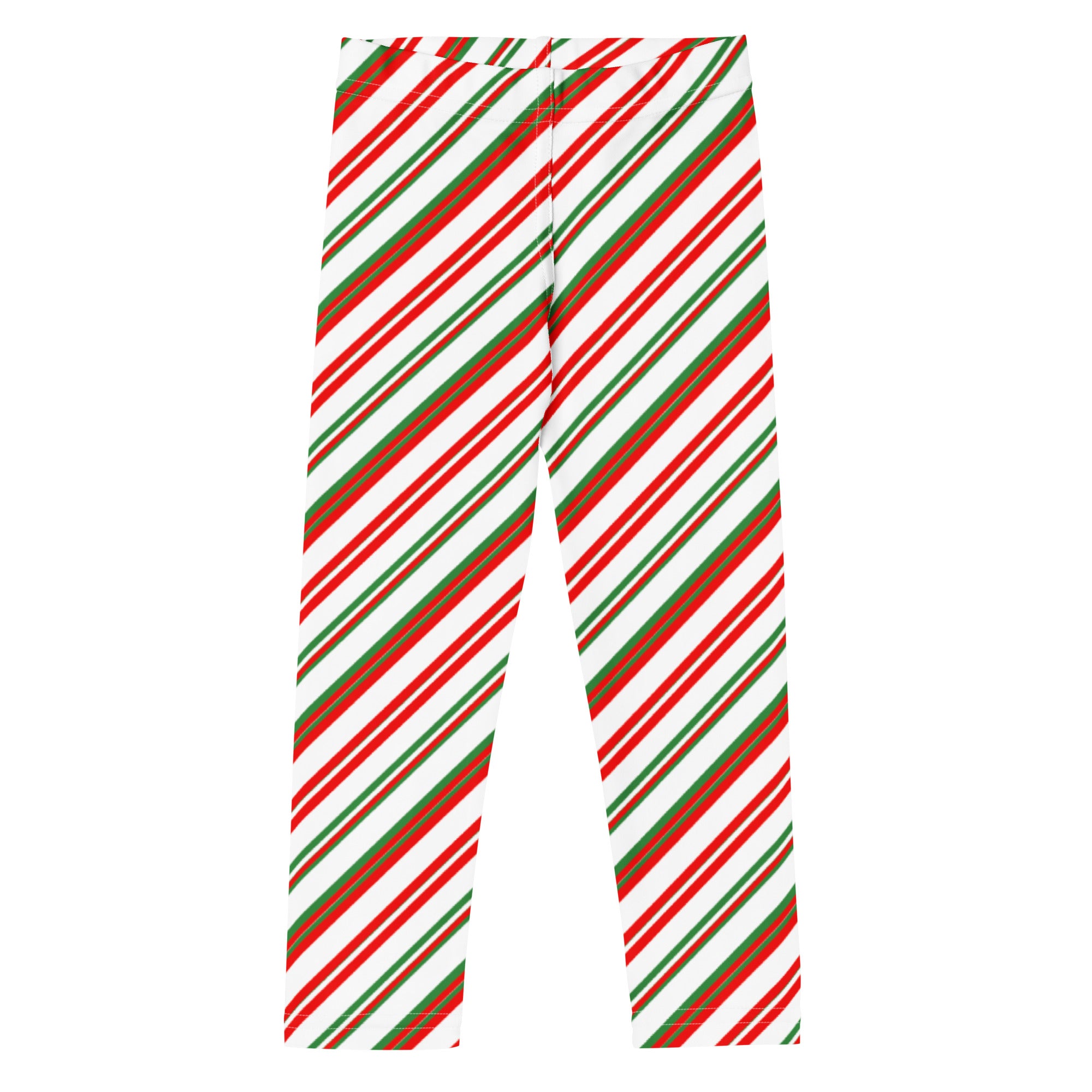 Kids peppermint candy cane striped buttery soft leggings with red green and white diagonal candy cane pattern