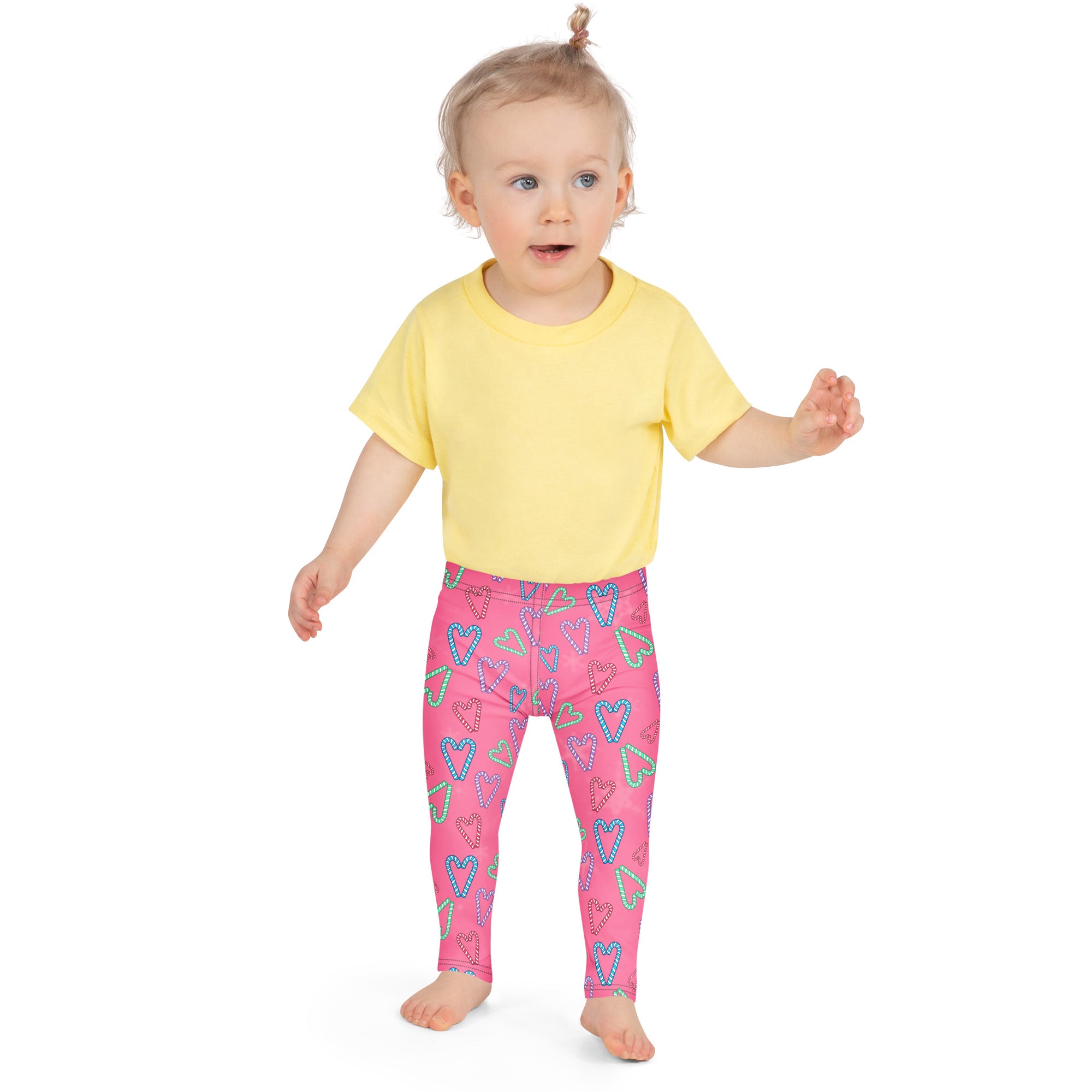 Girls pink candy cane heart buttery soft leggings with blue green and white outlined heart patterns