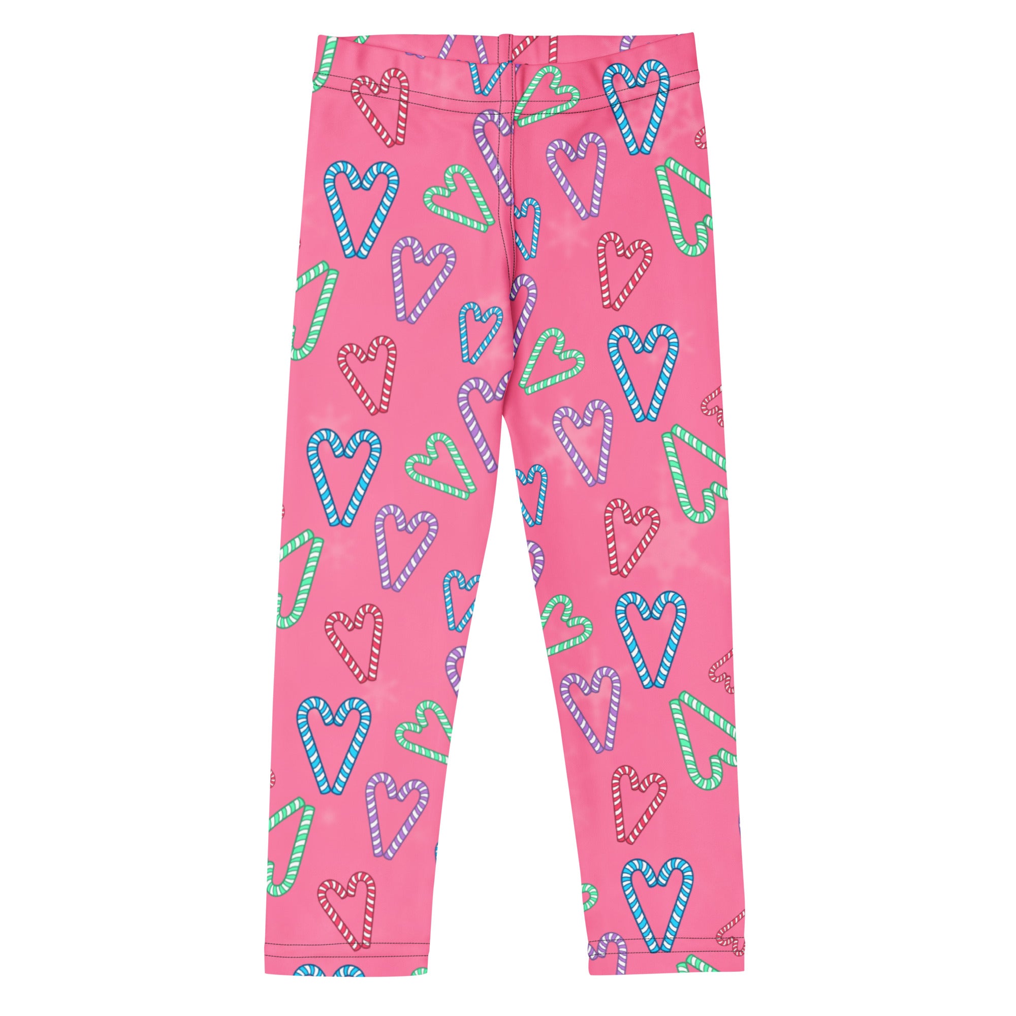 Girls pink buttery soft leggings with a playful pattern of blue green and purple candy cane shaped hearts