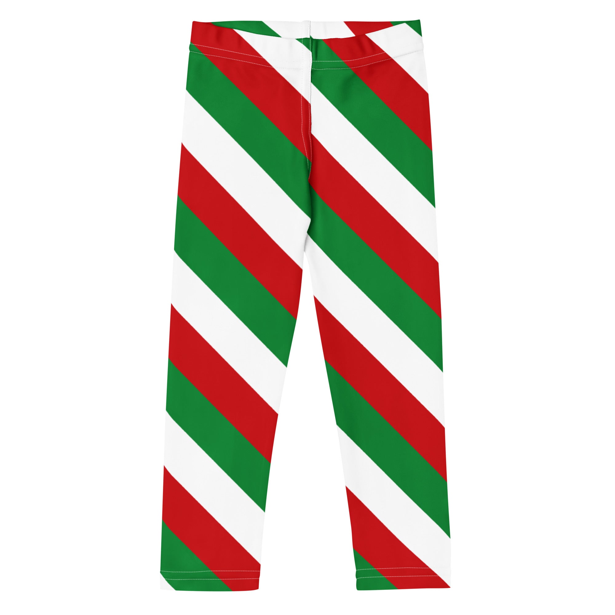 Kids red green and white Christmas buttery soft leggings with festive candy cane striped pattern