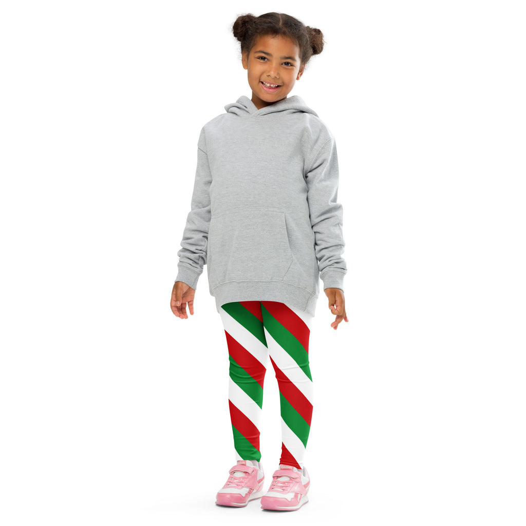 Gray hooded sweatshirt with front pocket and long sleeves paired with kids red green and white christmas leggings