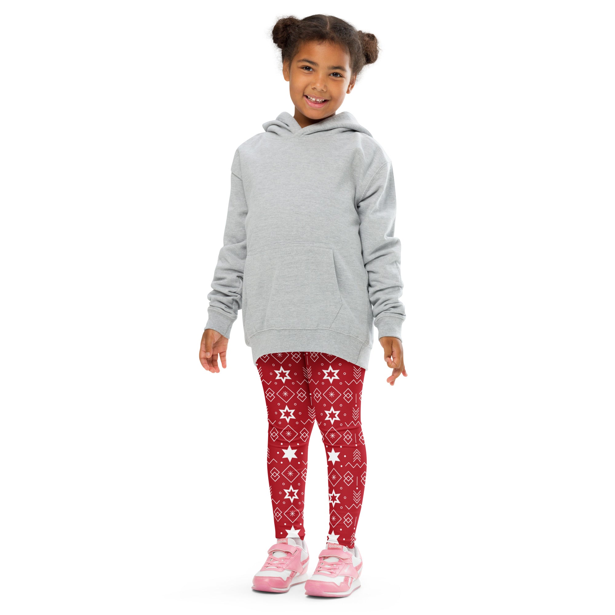 Gray hooded sweatshirt with long sleeves and front pocket worn over kids red Hanukkah star of David buttery soft leggings