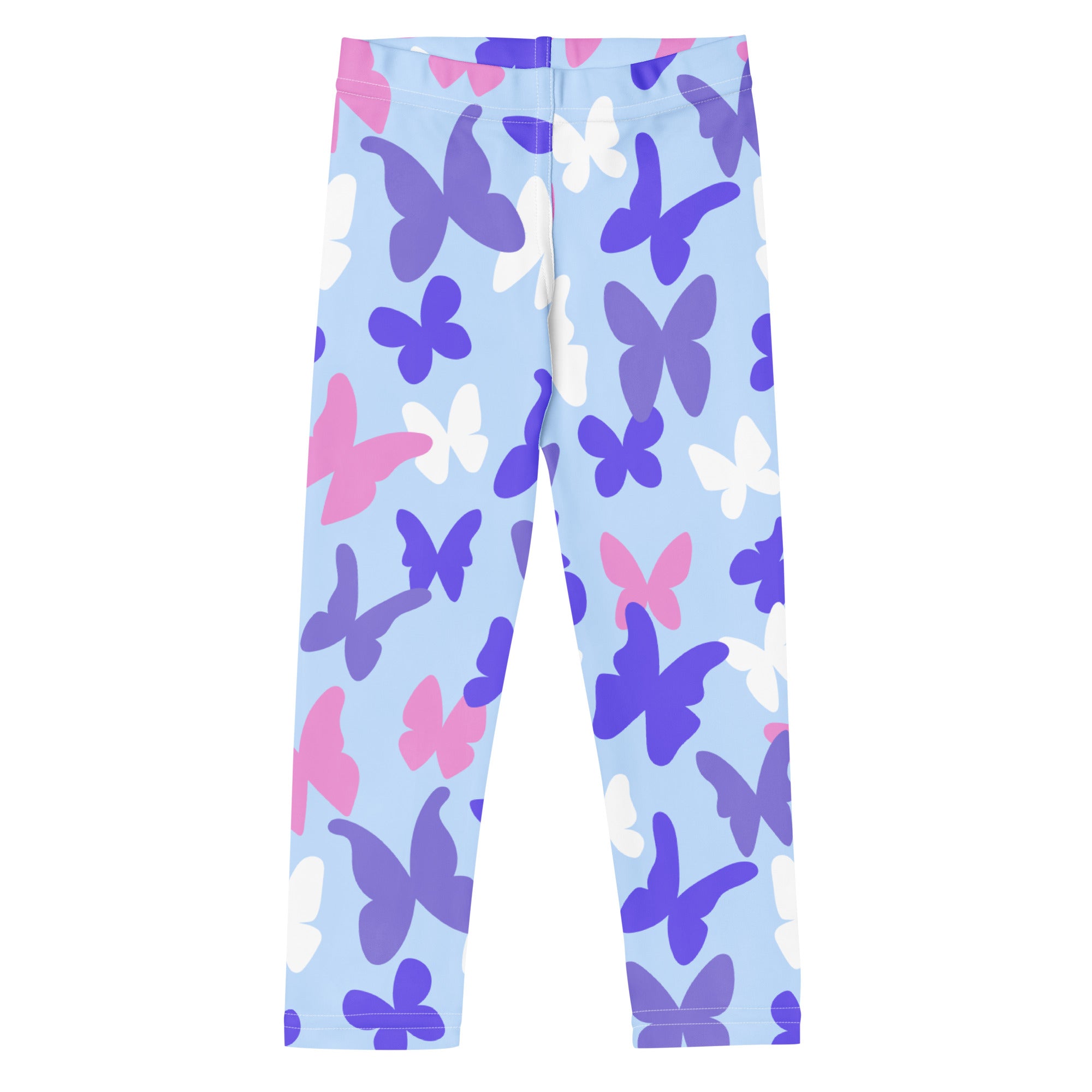 Girls pastel butterfly buttery soft leggings in light blue with a playful purple pink and white butterfly pattern