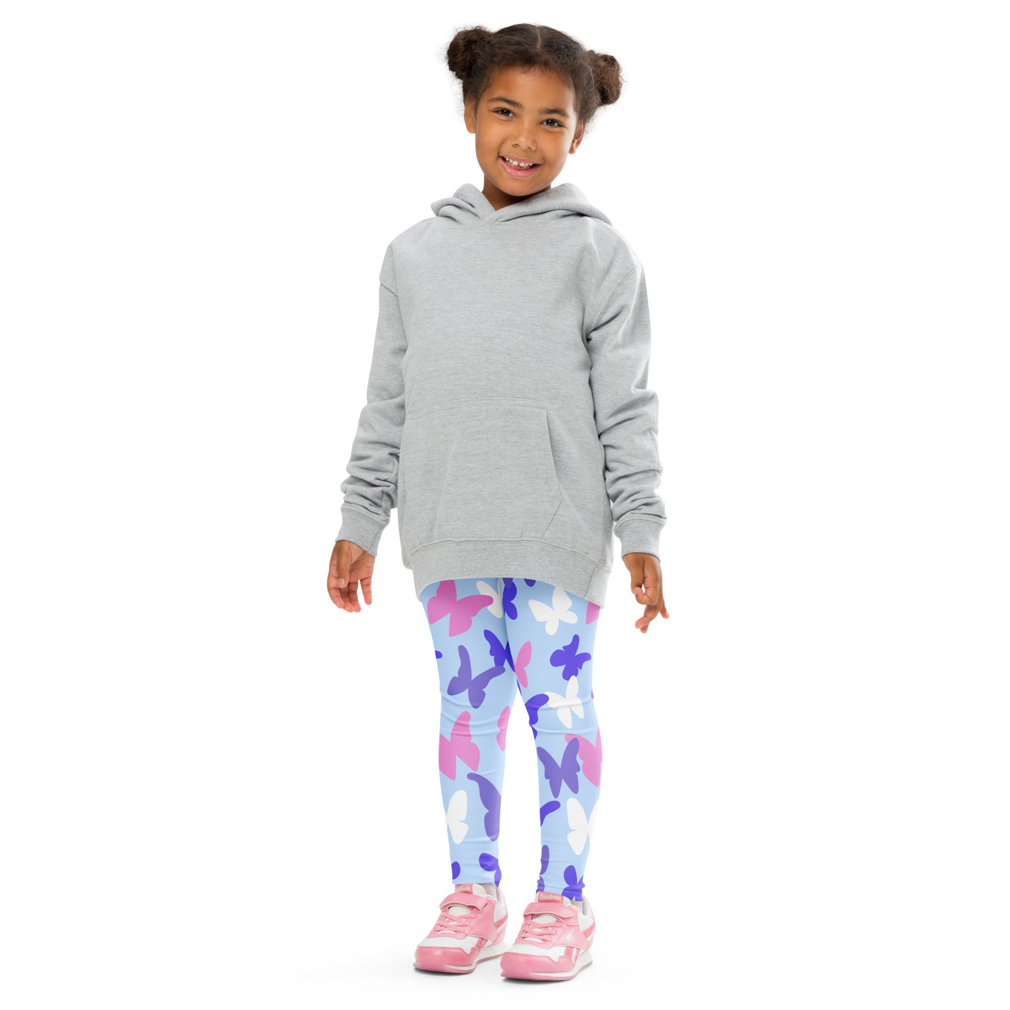 Gray hooded sweatshirt with front pocket and long sleeves paired with girls pastel butterfly buttery soft leggings