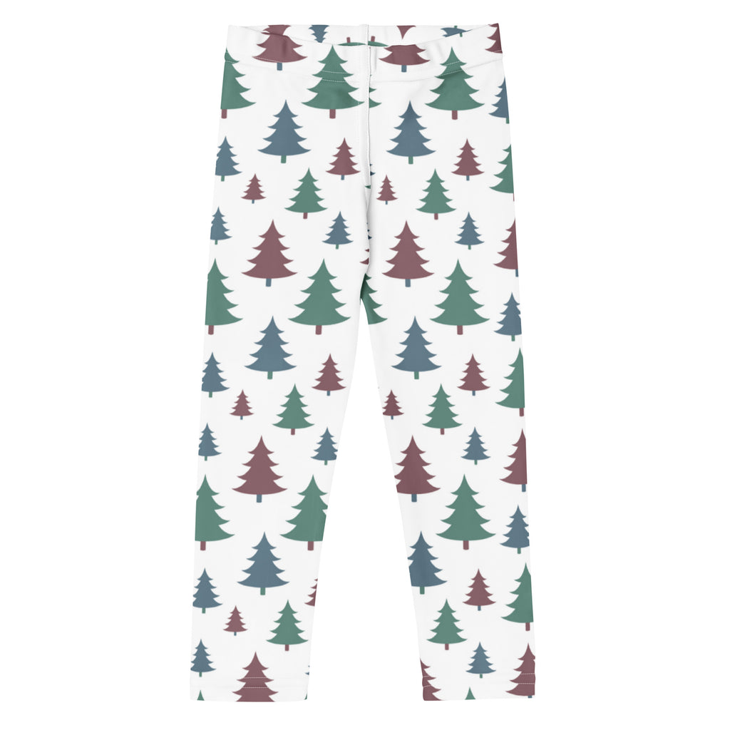 Kids pine tree winter buttery soft white leggings with green and maroon stylized pine tree pattern