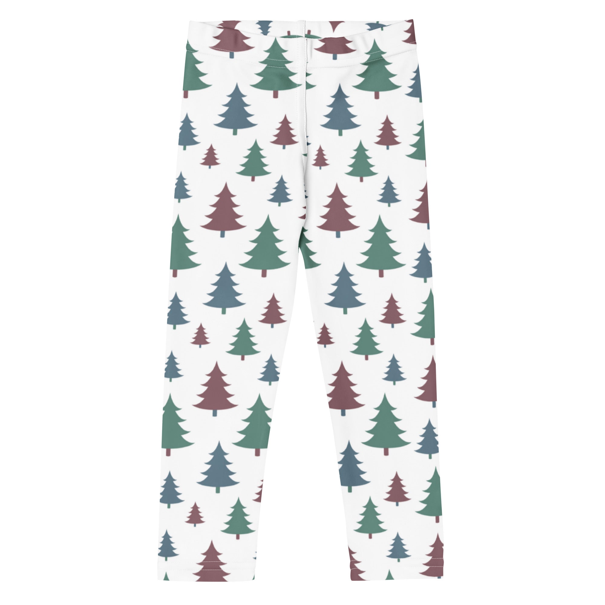 Kids pine tree winter buttery soft white leggings with green and maroon stylized pine tree pattern