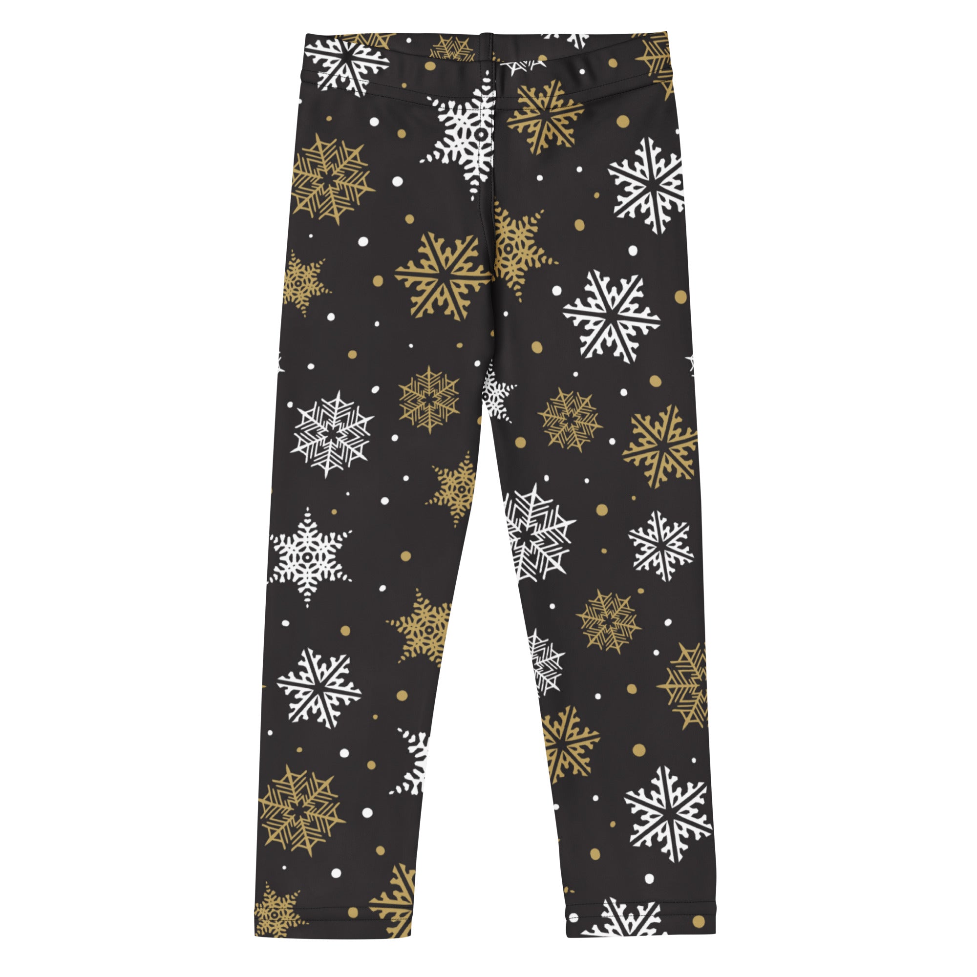 Kids gold and white snowflake buttery soft black leggings with festive snowflake pattern for winter wear