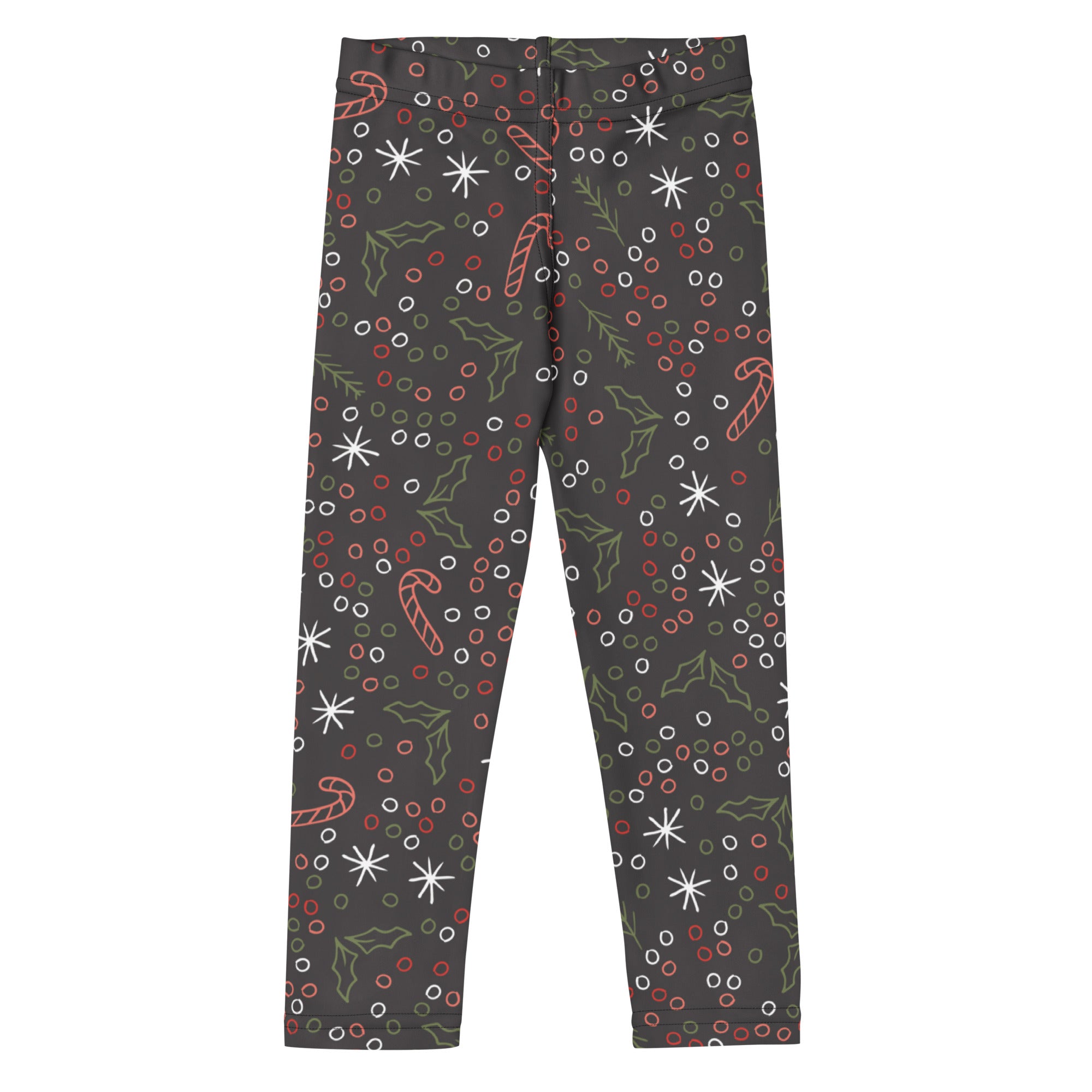Dark gray kids christmas leggings with candy canes holly leaves snowflakes and berries in buttery soft fabric